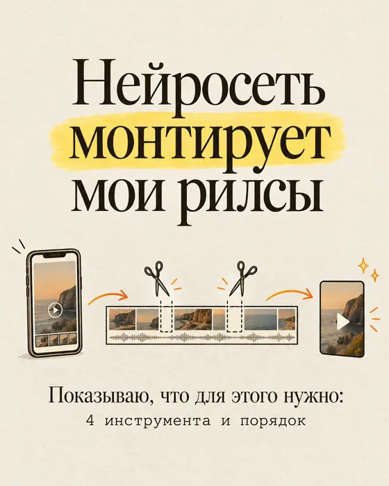 Обложка карусели «Нейросеть монтирует мои рилсы», рисованный стиль