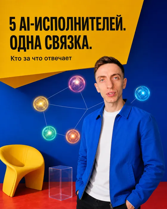 Обложка карусели «5 AI-исполнителей. Одна связка», яркий постер